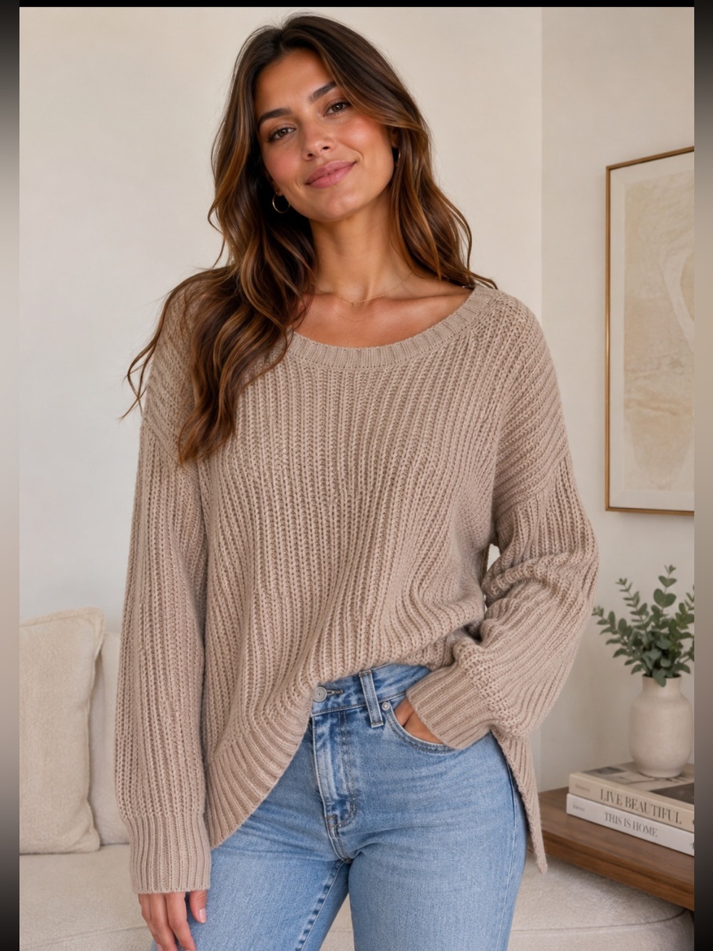 Charlotte Russe Taupe Ribbed Scoop Neck Sweater